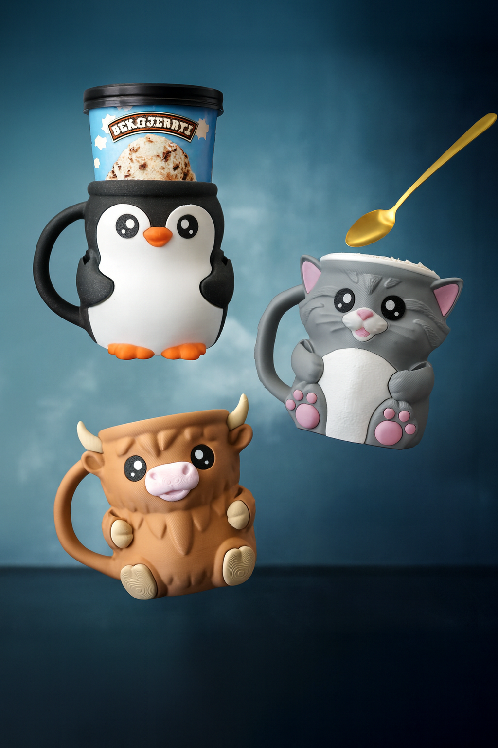 Ice Cream Pint Holder Trio (Volume One) – Ferdinand the Highland Cow 🐮, Pebbles the Penguin 🐧 & Cuddles or Shadow the Cat 🐱 – 3D Printed Bundle with Spoon Slots & Secret Snack Drawers 🍨