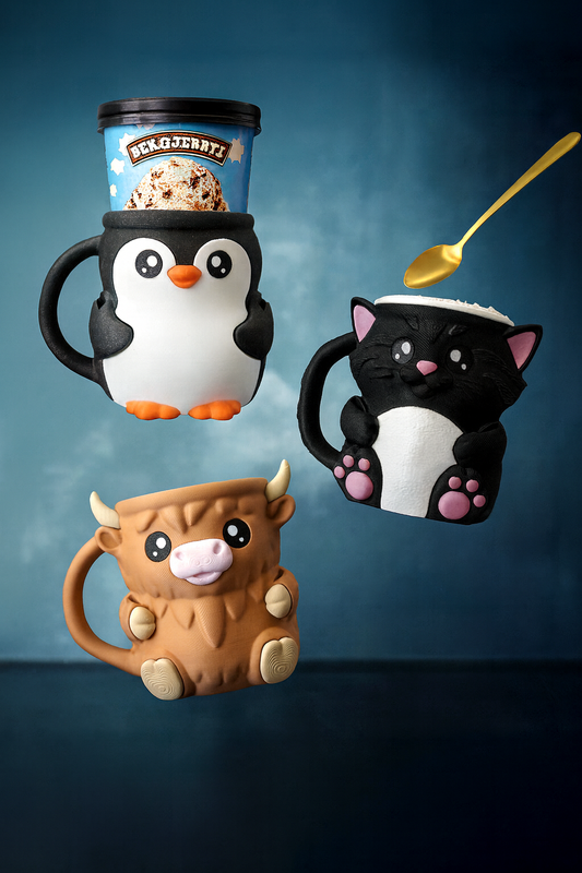 Ice Cream Pint Holder Trio (Volume One) – Ferdinand the Highland Cow 🐮, Pebbles the Penguin 🐧 & Cuddles or Shadow the Cat 🐱 – 3D Printed Bundle with Spoon Slots & Secret Snack Drawers 🍨
