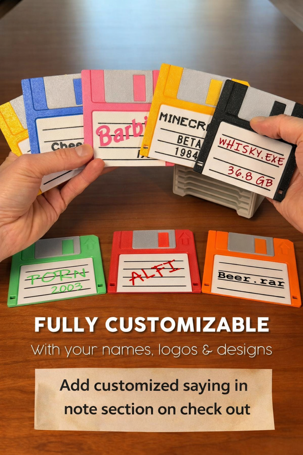 🖥️ Floppy Click -  Retro Coaster Holder Set | 3D Printed Floppy Disk Coasters | Desk Setup Accessories