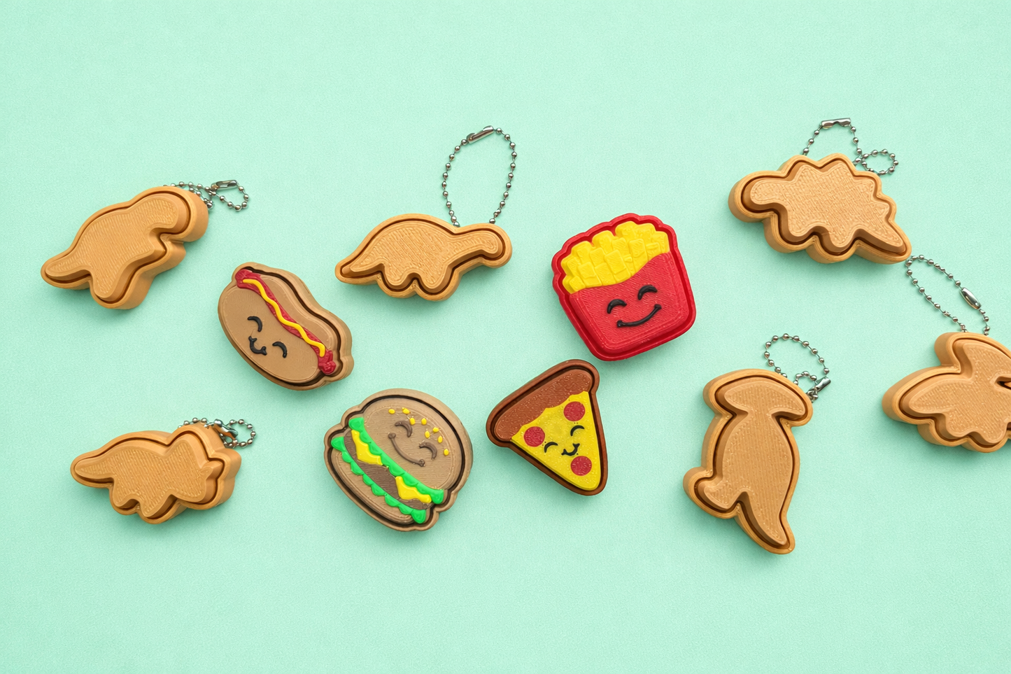 Various food-themed keychains on a light blue background