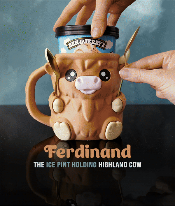 🐮 Ferdinand, the Highland Cow Ice Cream Pint Holder – 3D Printed Cutie with Spoon Slots & Secret Snack Drawer! 🍨