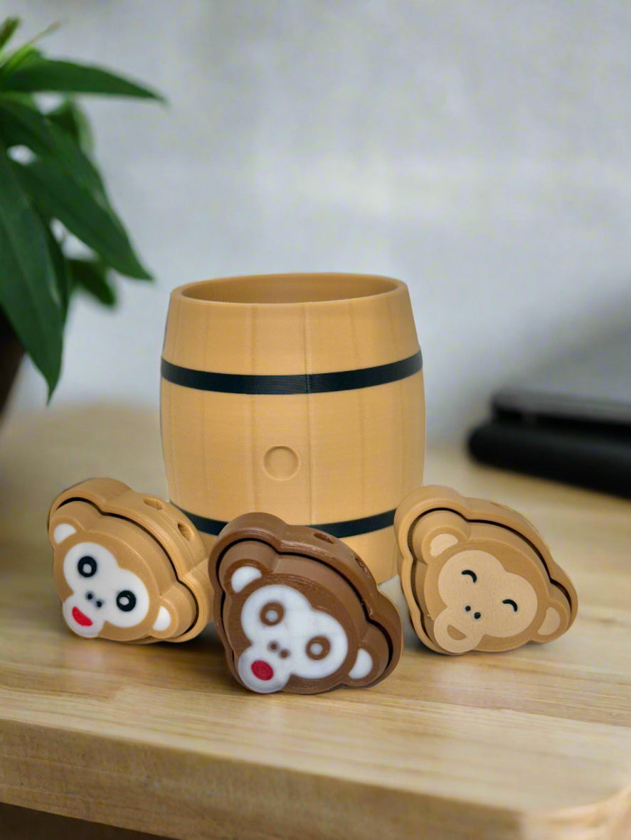 Set of 3: Monkey Fidget Clickers in a Barrel - Fun & Interactive Stress Relief Toys