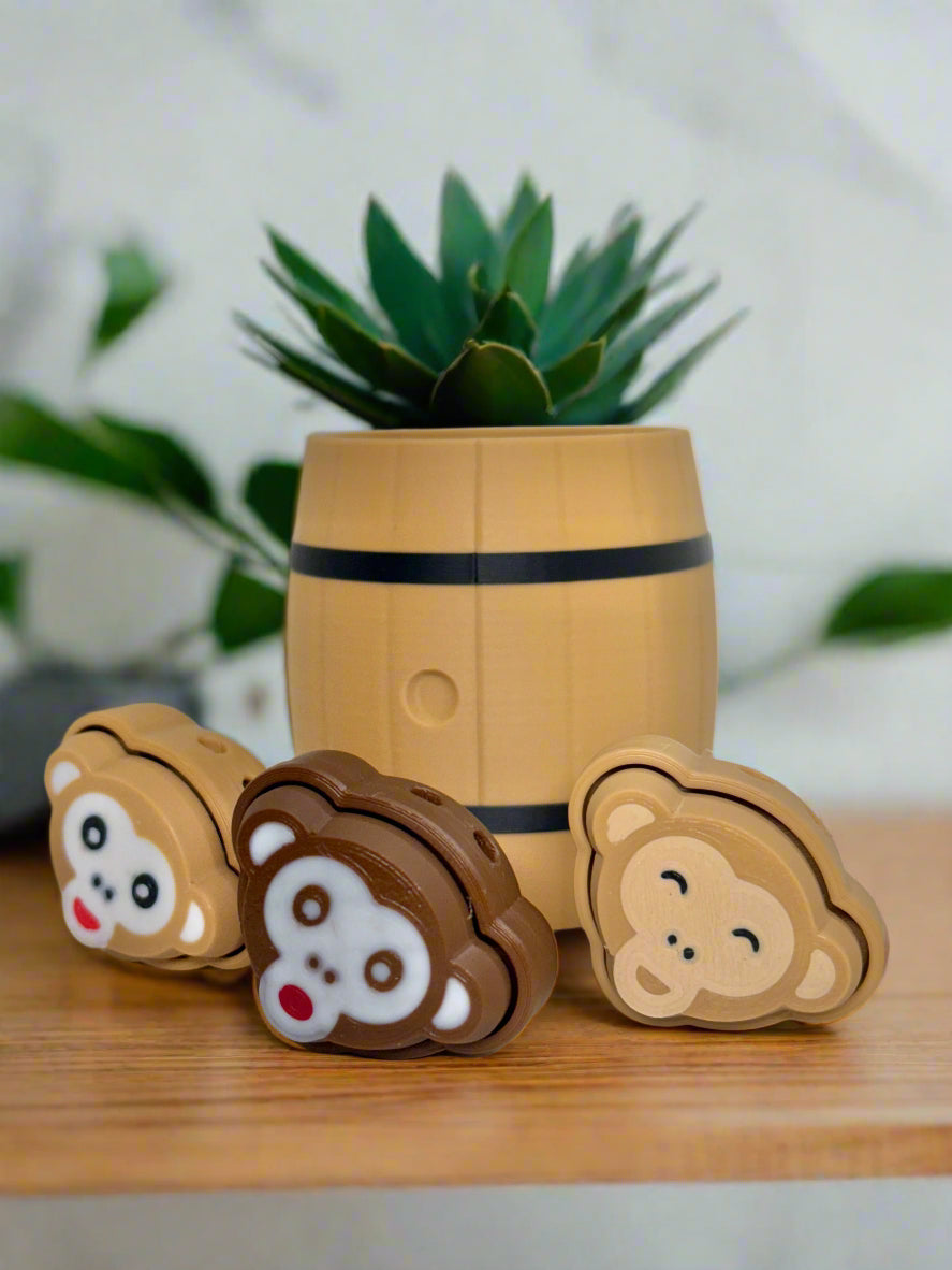 Set of 3: Monkey Fidget Clickers in a Barrel - Fun & Interactive Stress Relief Toys
