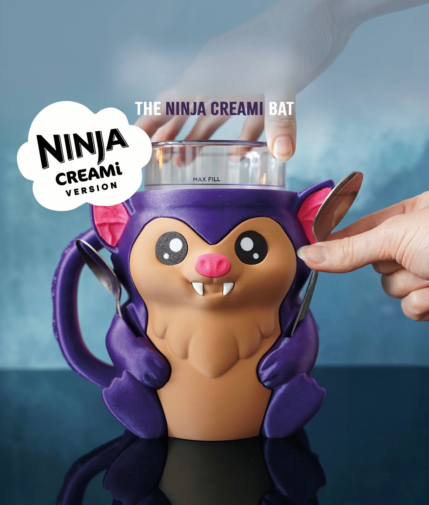 🦇 Mavis, Fang & Drac the Bat Ice Cream Pint Holders – 3D Printed Trio with Spoon Slots + Secret Snack Drawer! 🍦🩸