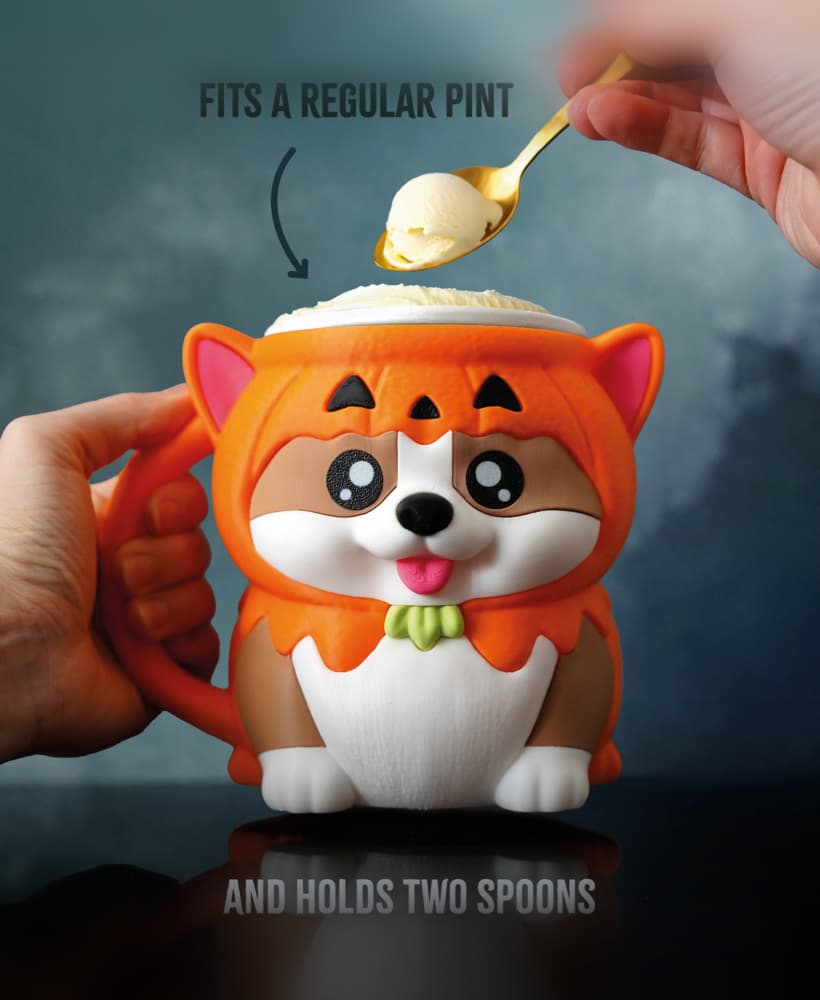 🎃🐶 Kevin the Corgi Pumpkin Ice Cream Pint Holder – With Spoon Slots & Cookie Pockets!