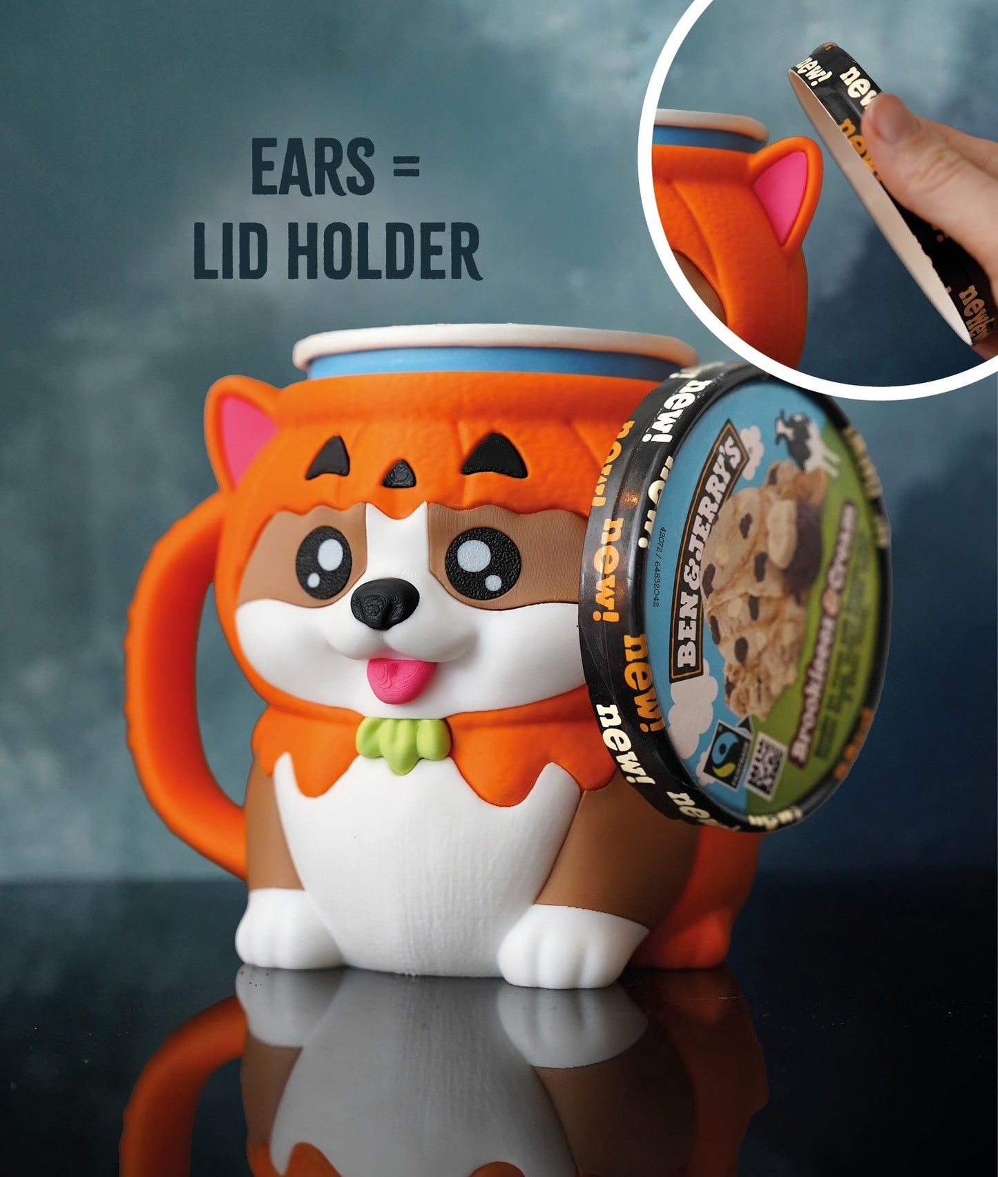 🎃🐶 Kevin the Corgi Pumpkin Ice Cream Pint Holder – With Spoon Slots & Cookie Pockets!