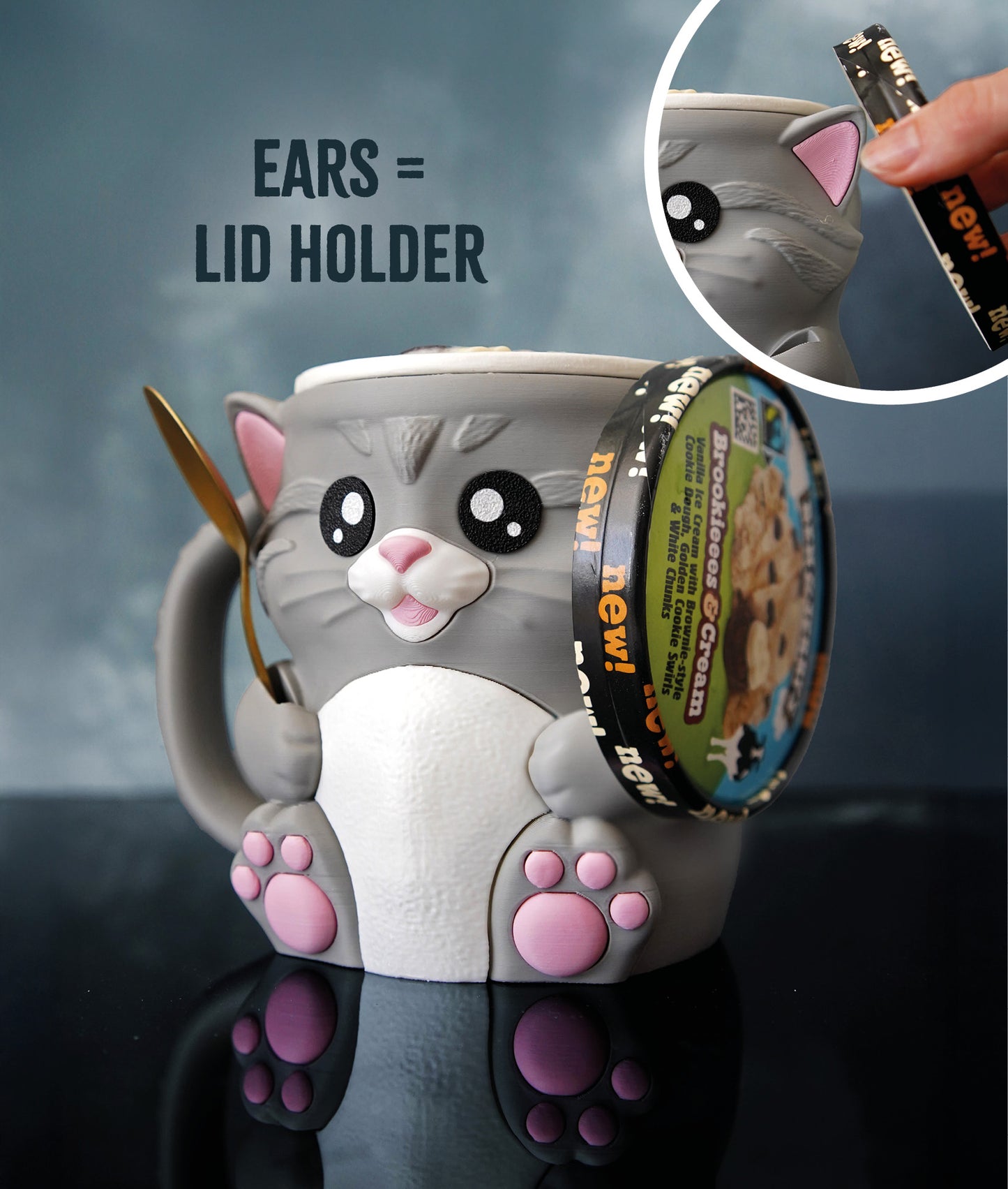 🐱 Cuddles and Shadow the Cat Ice Cream Pint Holder – 3D Printed Sweet & Spooky Duo with Spoon Slots + Secret Snack Drawer! 🍨