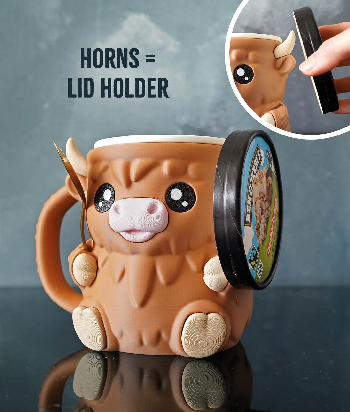 🐮 Ferdinand, the Highland Cow Ice Cream Pint Holder – 3D Printed Cutie with Spoon Slots & Secret Snack Drawer! 🍨